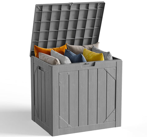 Make Changes 30-gallon storage box front view highlighting spacious, weatherproof exterior.