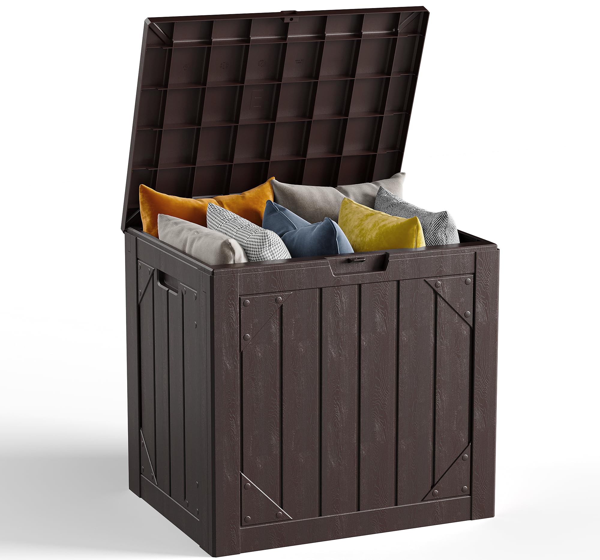 MAKE CHANGES 30-Gallon box lid open demonstrates easy access for cushions and garden tools.