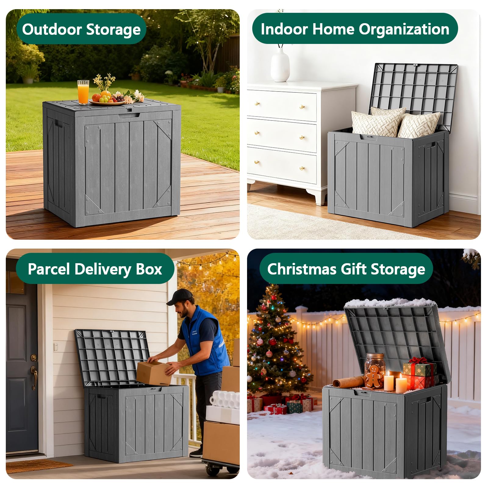 MAKE CHANGES deck box with waterproof lid closed protecting cushions and tools from rain