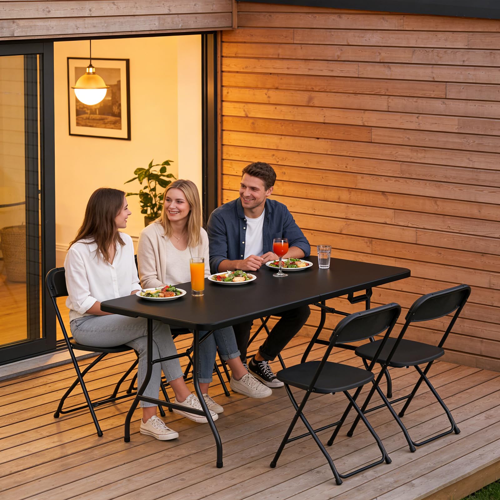 MAKE CHANGES folding table in compact half-fold, ideal for tight storage.