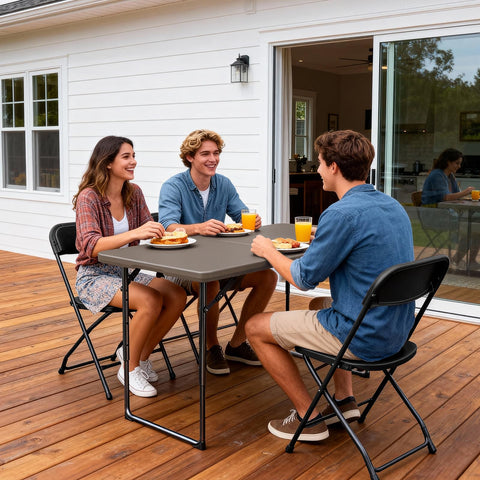 MAKE CHANGES folding table shows adjustable heights for tailored dining or work height.