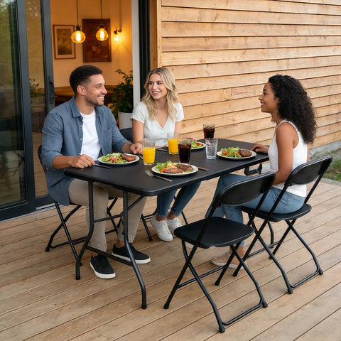 MAKE CHANGES folding table folded compactly for easy storage.