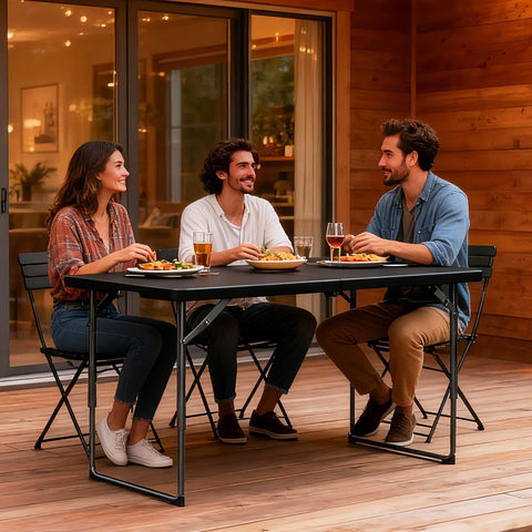 MAKE CHANGES folding table folded-compact for easy storage and portability.