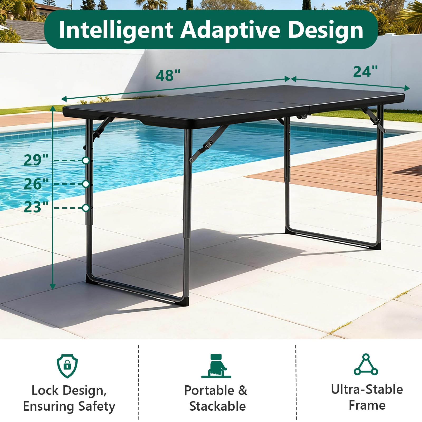MAKE CHANGES folding table heavy-duty construction with reinforced steel legs for stability.