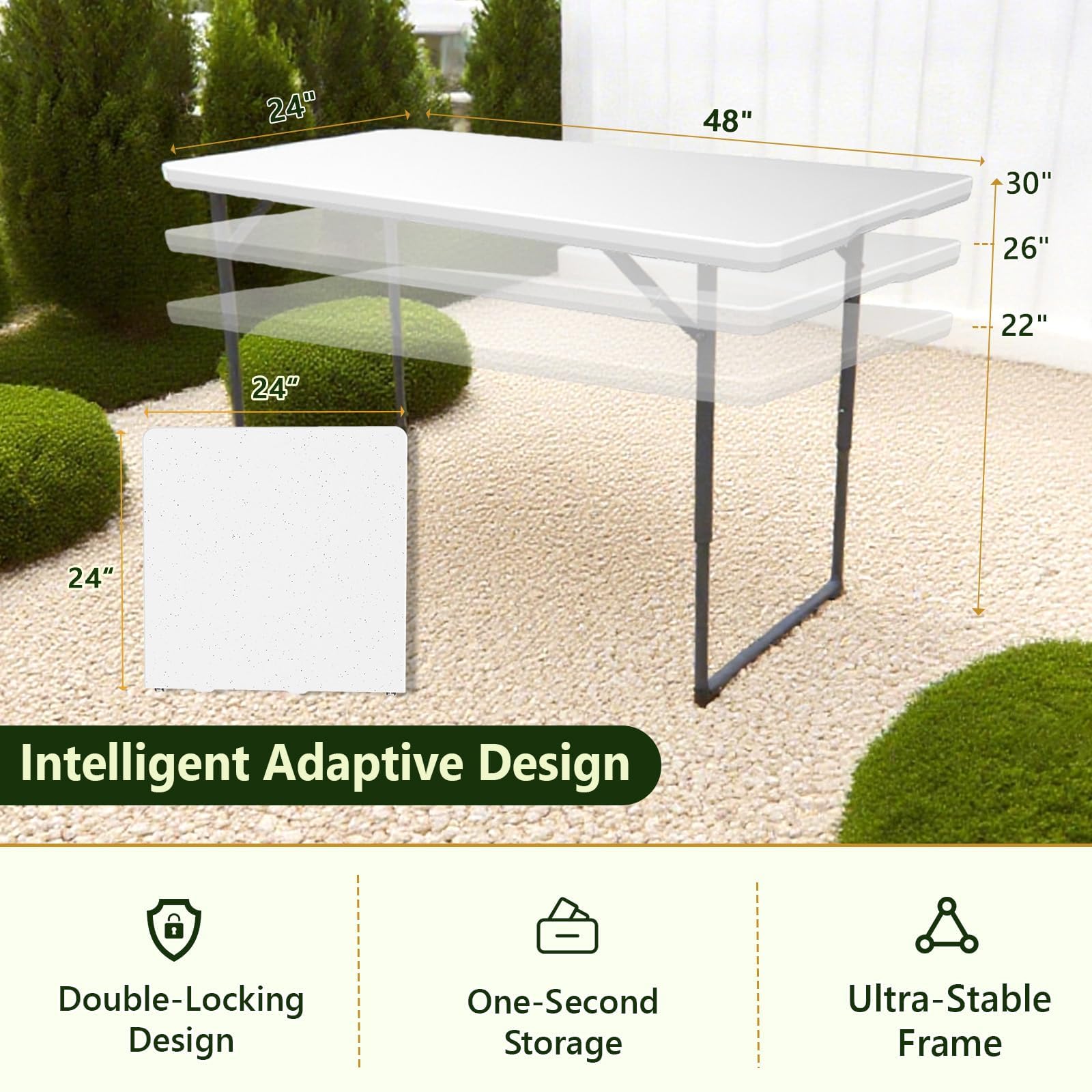 Make Changes folding table height settings show versatile seating options for gatherings.