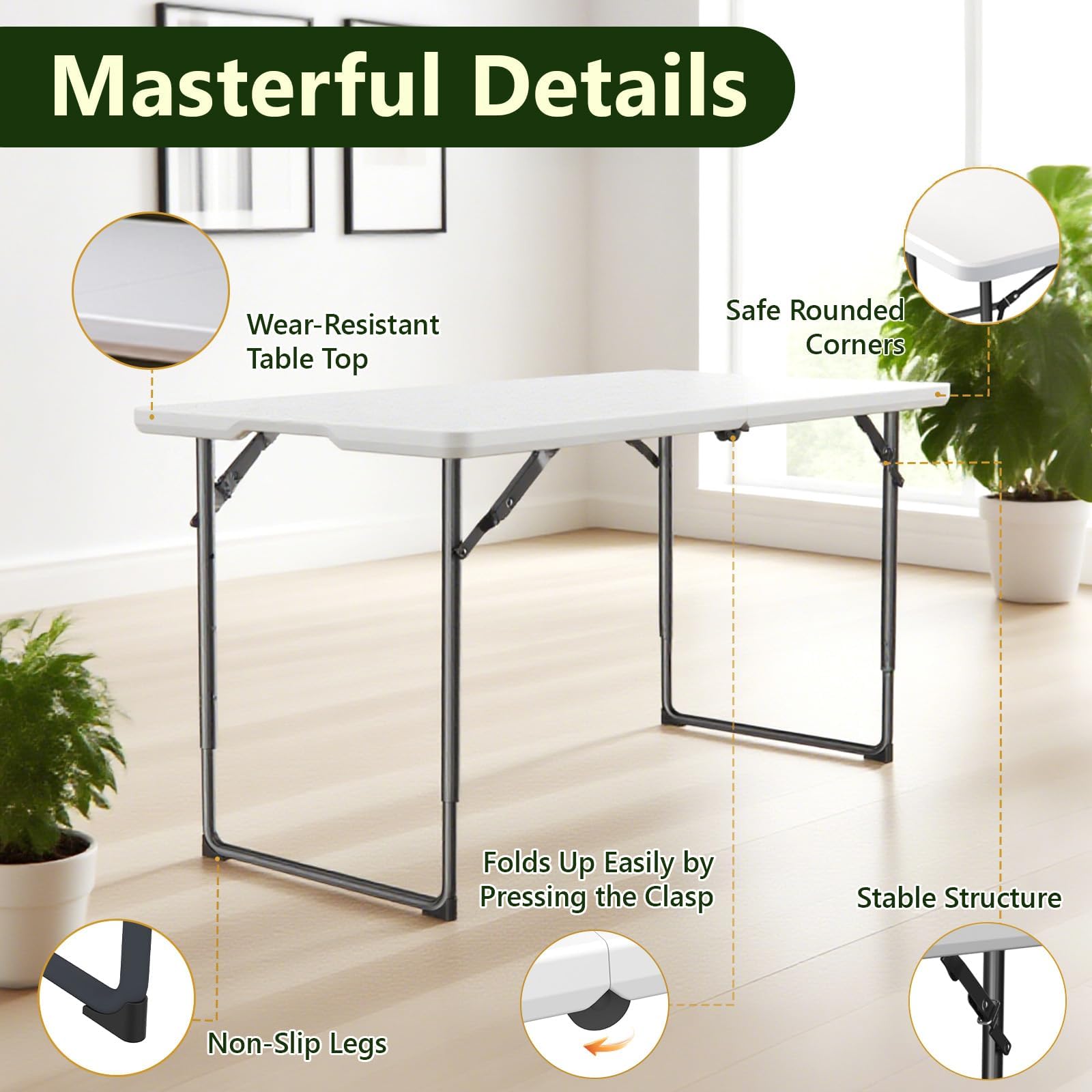 Make Changes folding table reinforced steel legs deliver stable support.