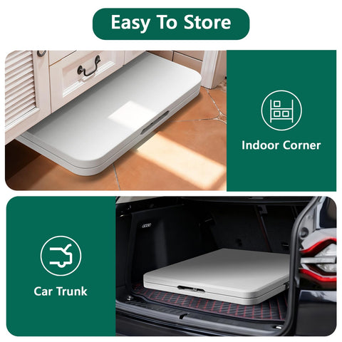 Make Changes folding table stored neatly in car trunk or closet.