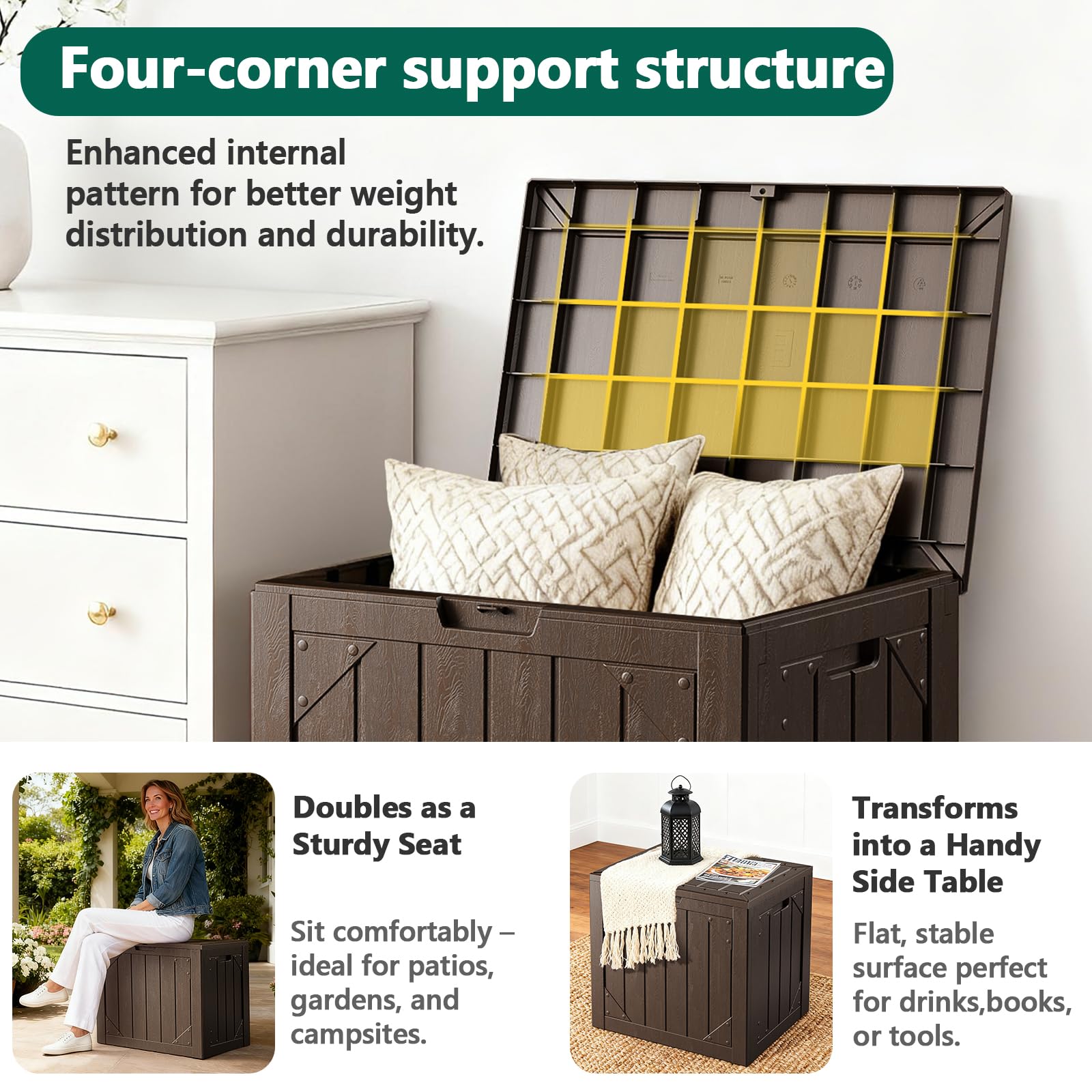 MAKE CHANGES sturdy bench lid supports up to 220 lbs for extra seating.
