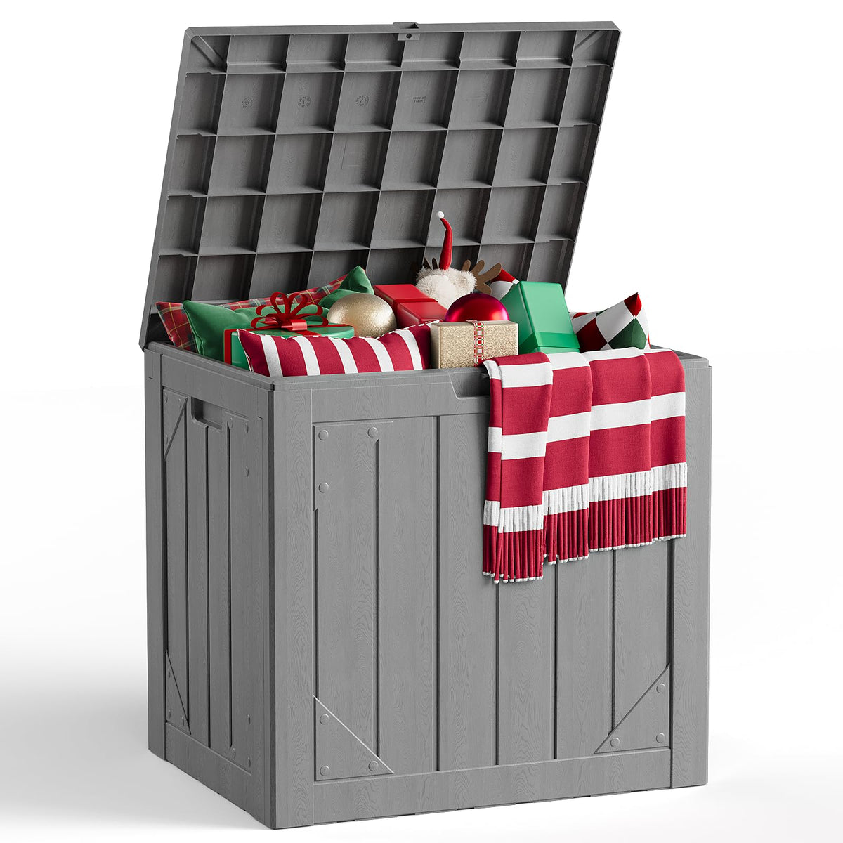 MAKE CHANGES outdoor storage box front view highlighting 260-gallon capacity for patio clutter