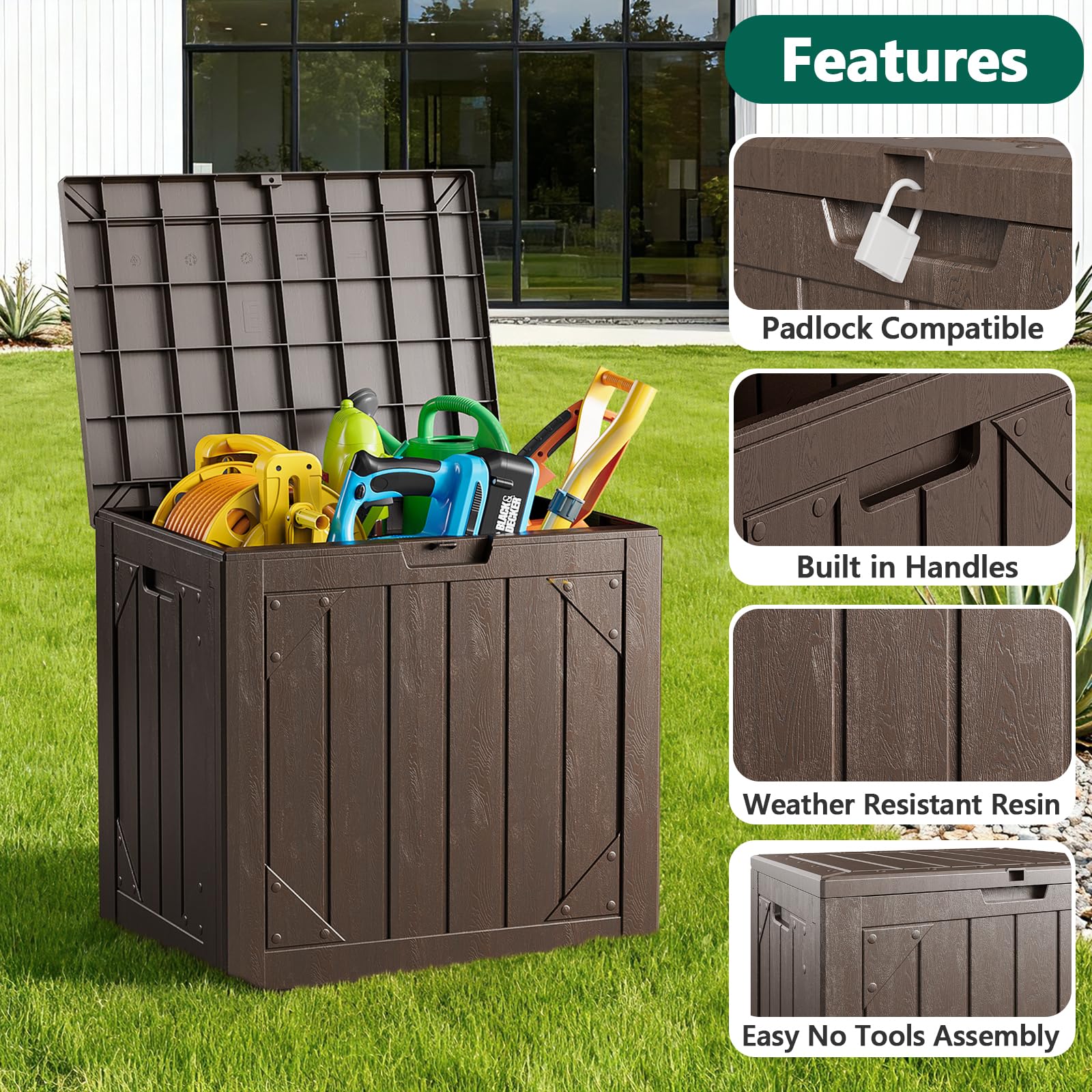 MAKE CHANGES lockable lid keeps cushions and tools secure outdoors.