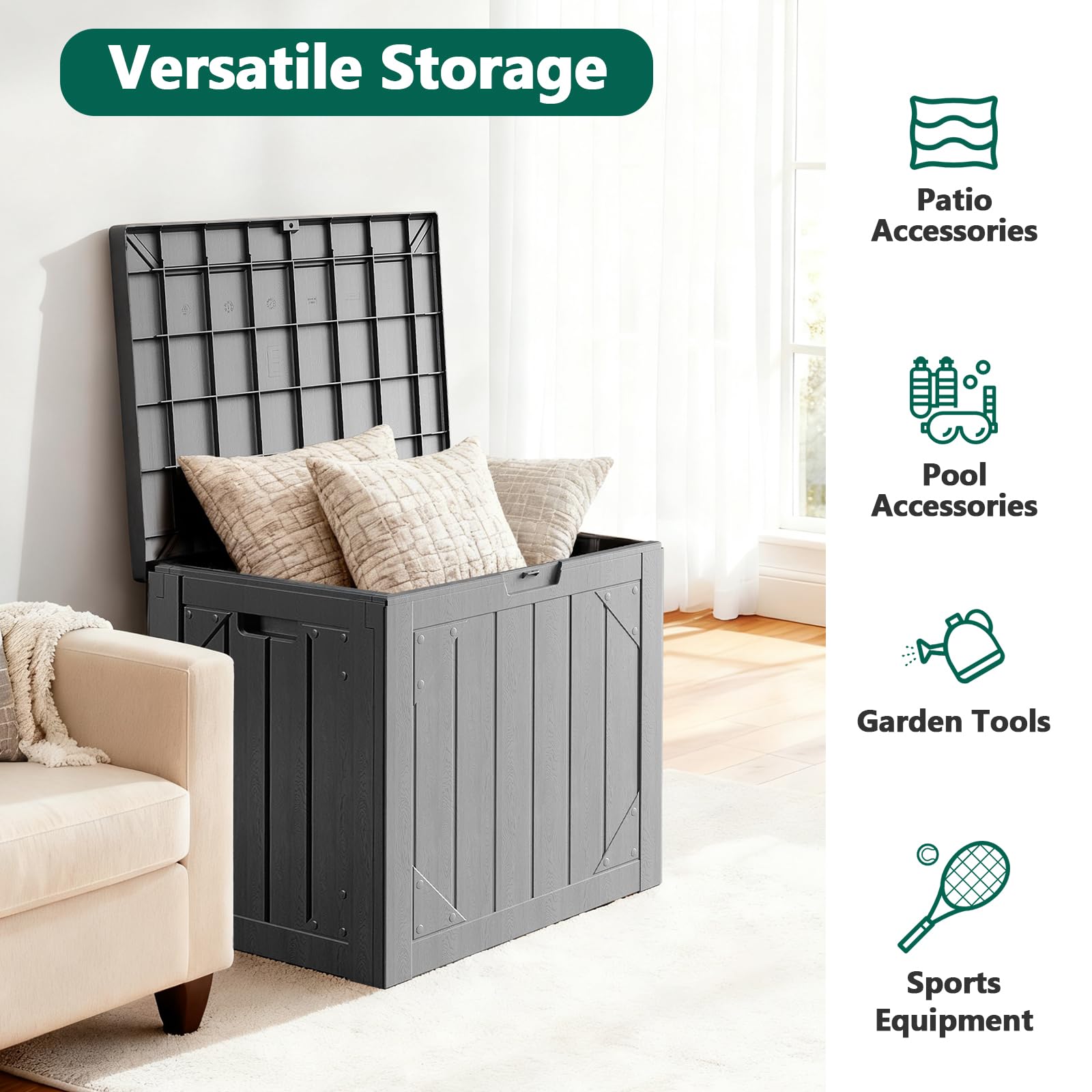 MAKE CHANGES storage bench shown as versatile seating and surface for gatherings