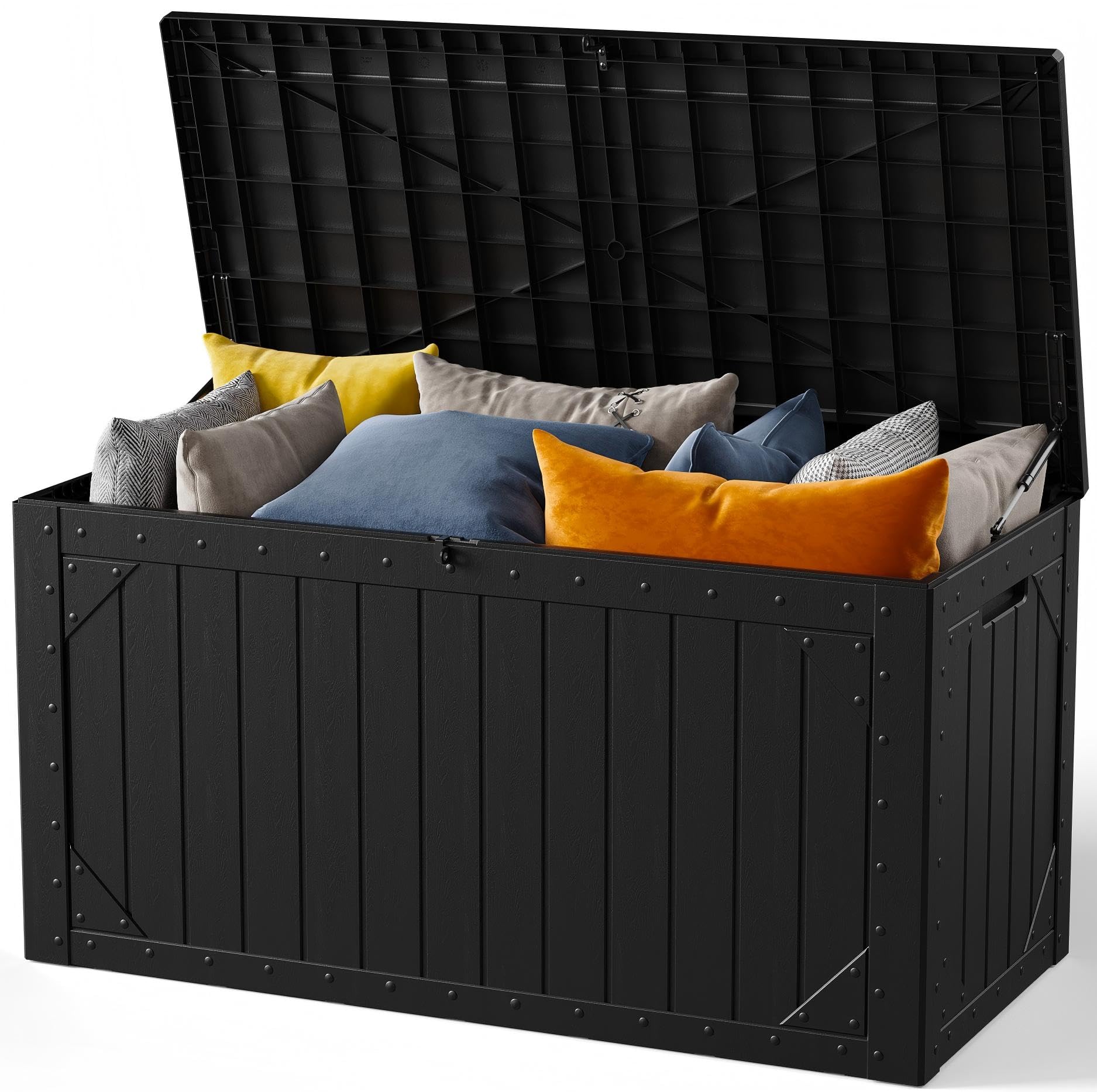 Make Changes 100 gallon outdoor storage box on patio with cushions for organized space.