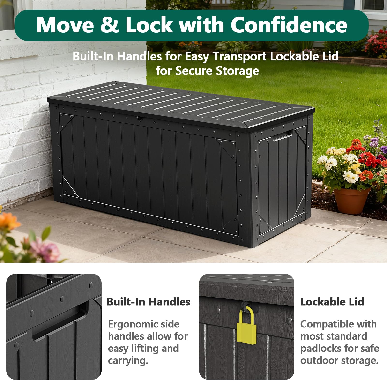 Make Changes storage box in garden setting for organized patio and yard.