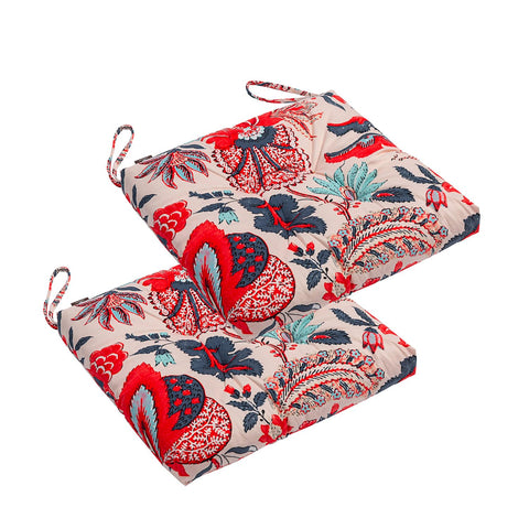 Makimoo cushion with blue/red leaves pattern for outdoor and indoor seating, adds cozy comfort.