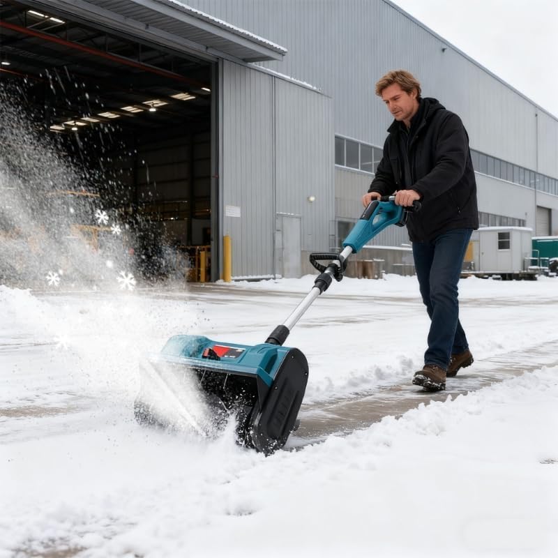 Makita-compatible snow shovel with adjustable direction plate for precise snow placement.