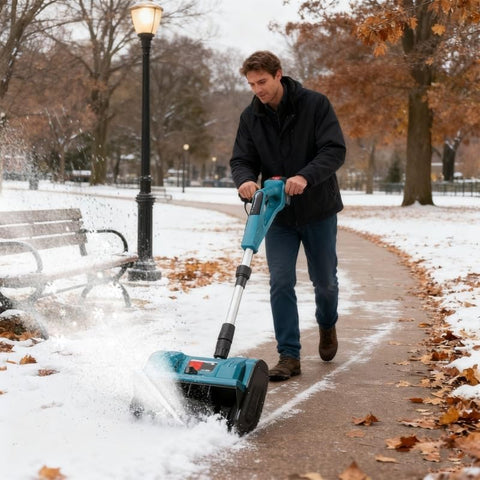 Makita-compatible snow shovel featuring a bright LED headlight for better visibility.