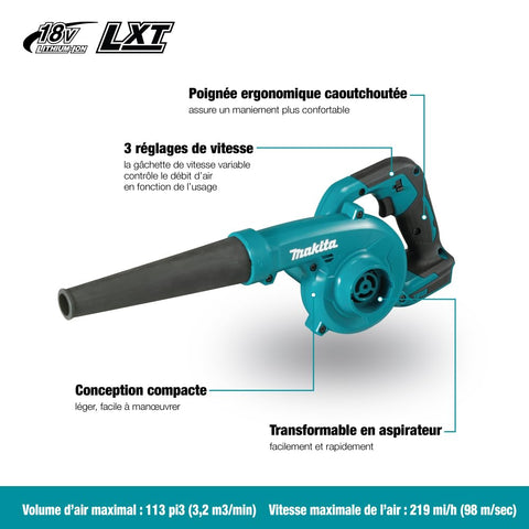 Makita DUB185Z three air-volume settings for different tasks.