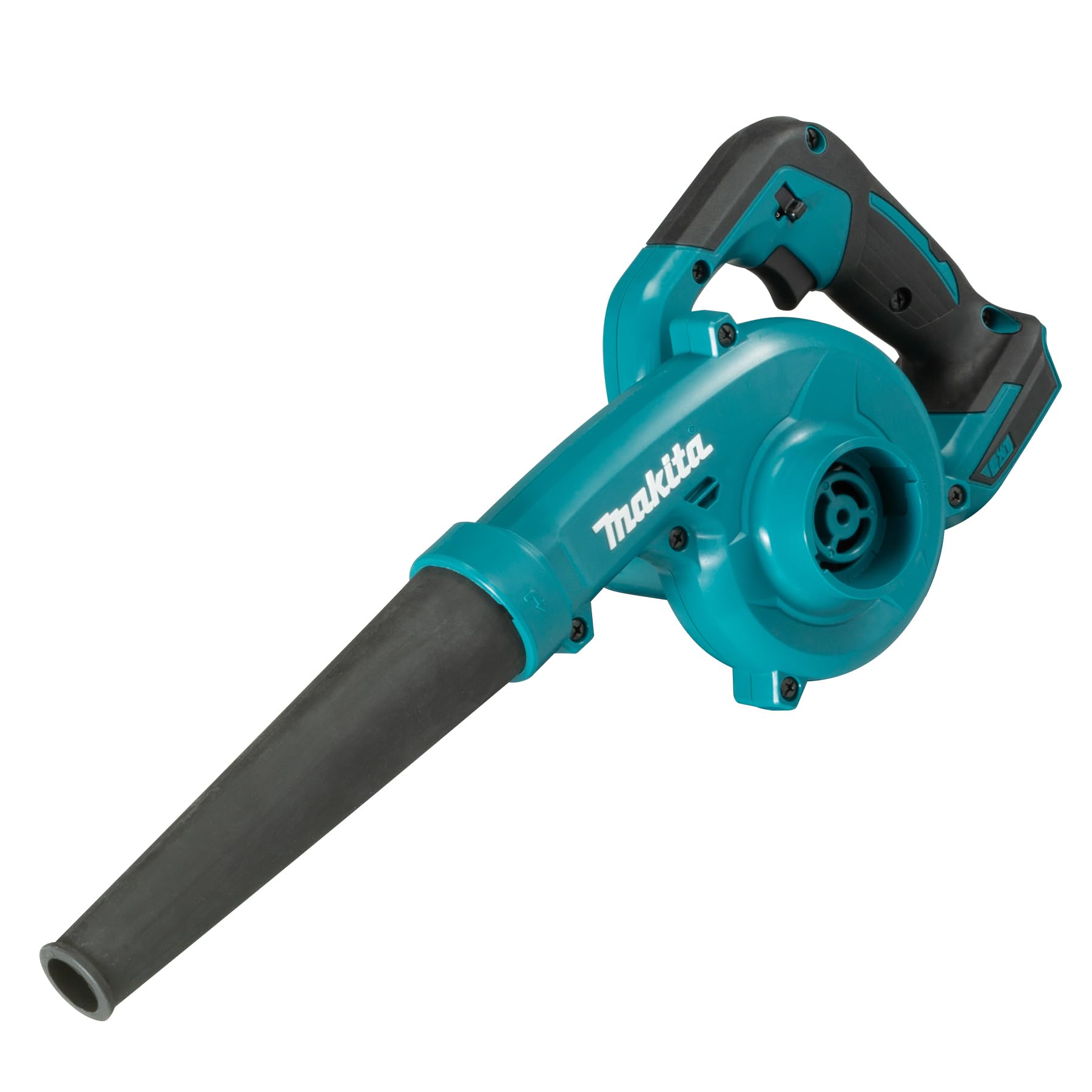 Makita DUB185Z cordless blower shows portable design for yard cleanup.