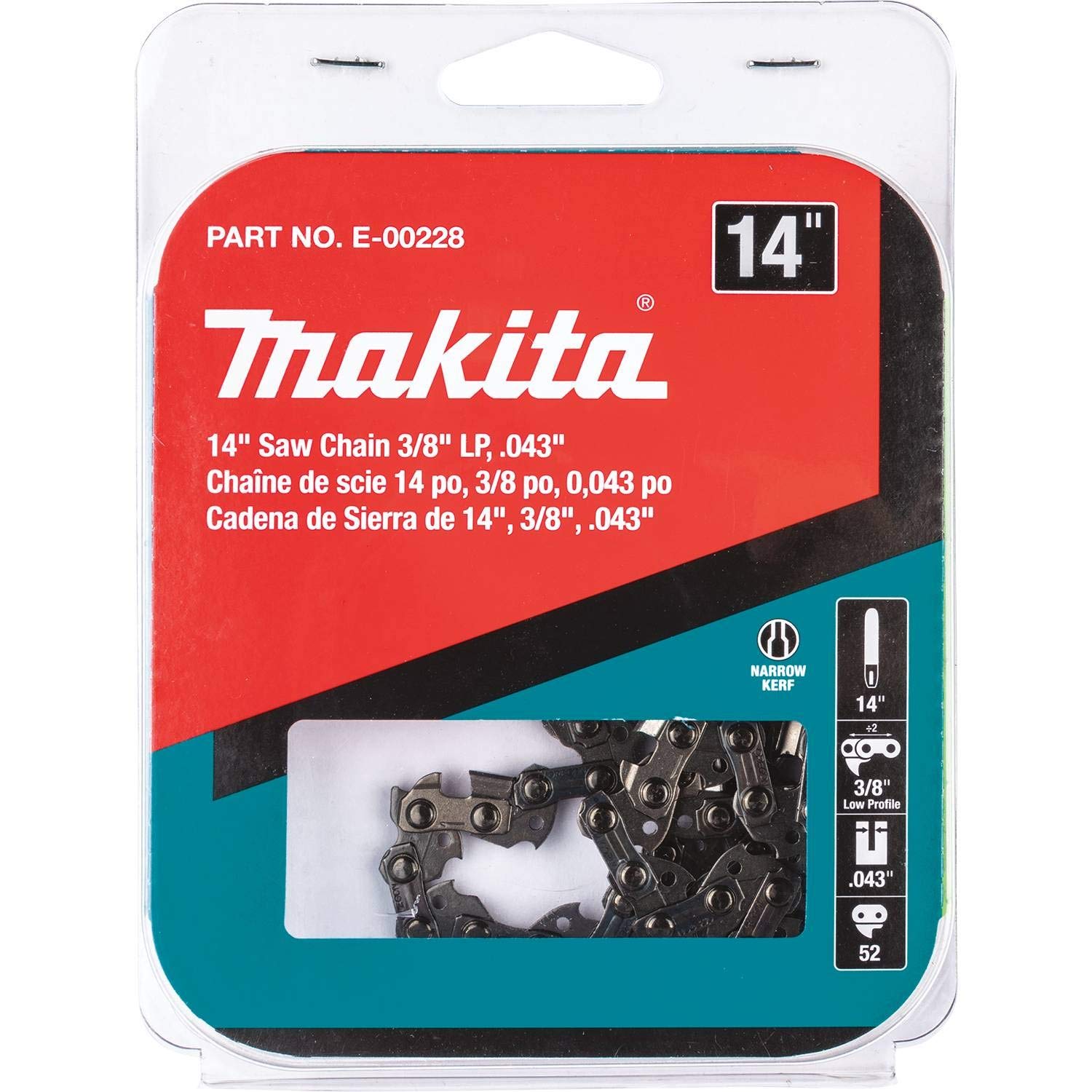 Makita E-00228 low-profile saw chain improves cutting efficiency on compatible Makita saws.