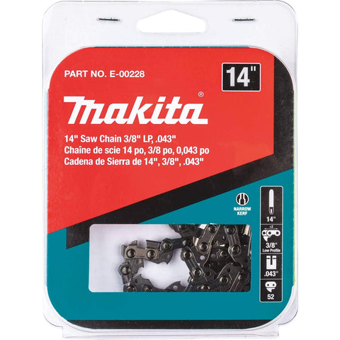 Makita E-00228 low-profile saw chain improves cutting efficiency on compatible Makita saws.