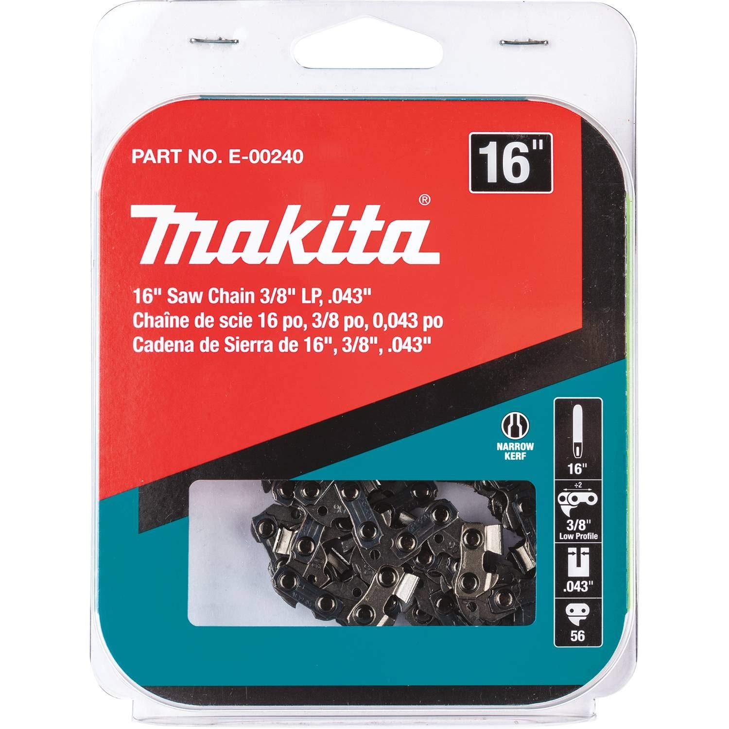 Makita E-00240 16-inch saw chain cutting action demonstrates fast feed and durability.