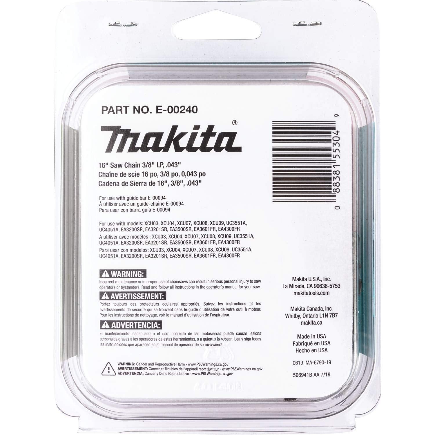 Makita E-00240 16-inch saw chain with sharpening indicators supports easy maintenance.