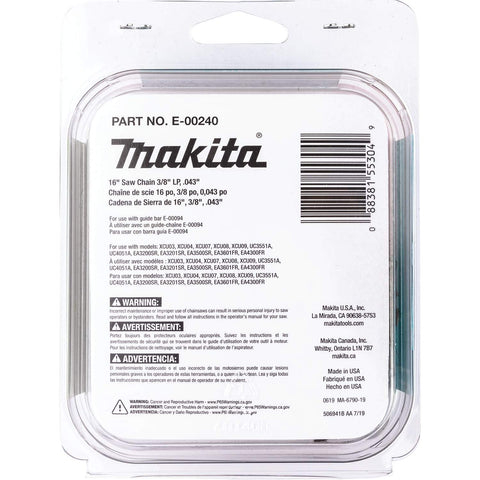 Makita E-00240 16-inch saw chain with sharpening indicators supports easy maintenance.