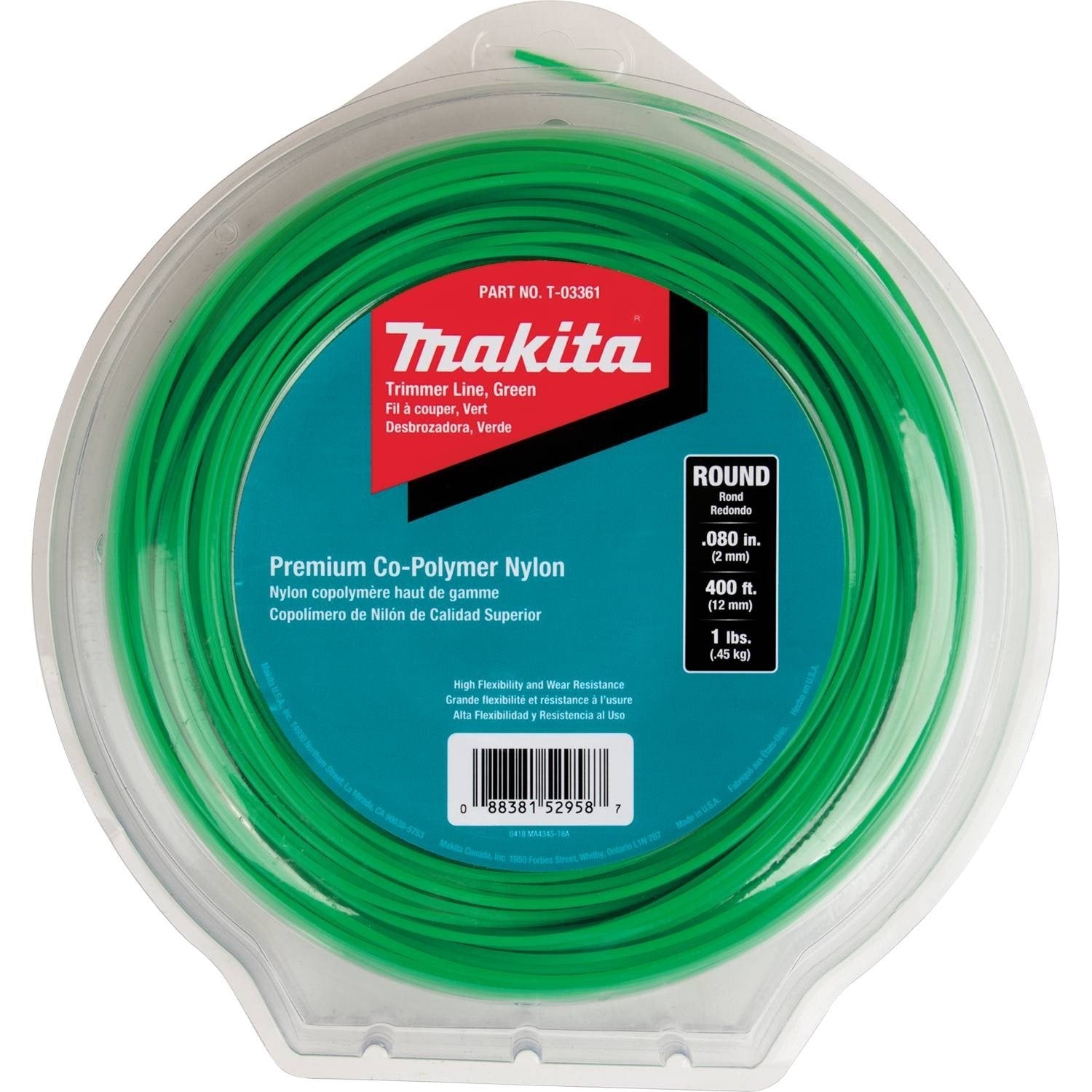 Makita T-03361 round trimmer line 0.080 in, green, 400 ft for precise edging