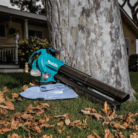 Makita XBU07Z mulcher image featuring shredding blade reducing leaves to mulch.