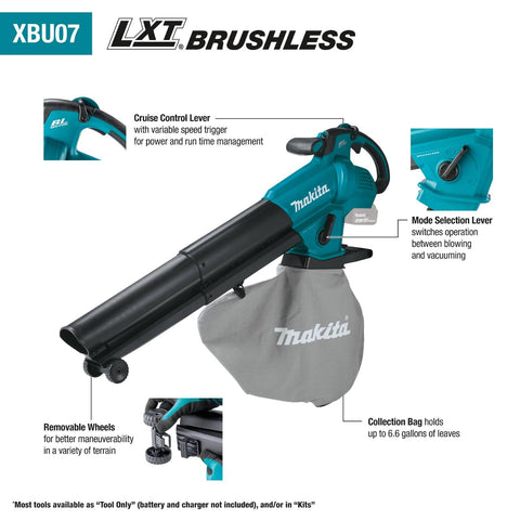 Makita XBU07Z vacuum image demonstrating leaf suction into the collection bag.