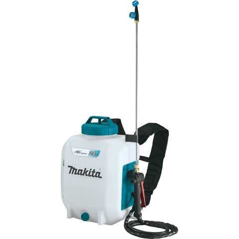 Makita XSU01Z backpack sprayer with tank side view for easy storage.