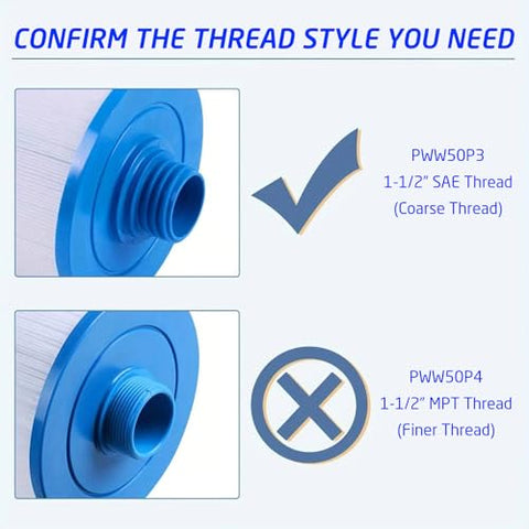 Malaka spa filter inner diameter shows 1-1/2in SAE coarse thread detail.