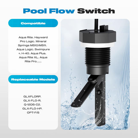 Malictele Flow Switch compatible models image illustrating Hayward compatibility