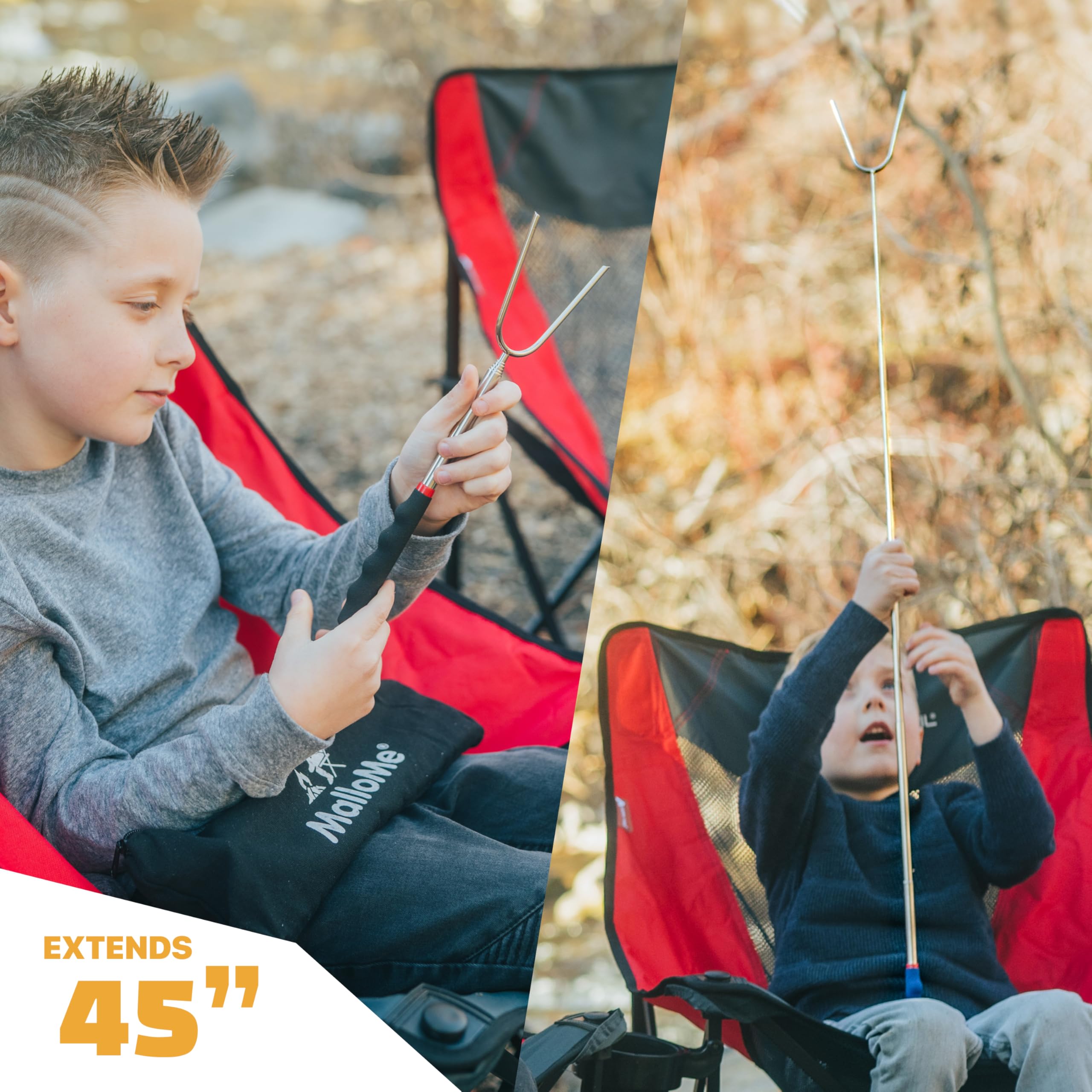 Color-coded MalloMe Smores Kit handles for easy stick identification during cookouts.
