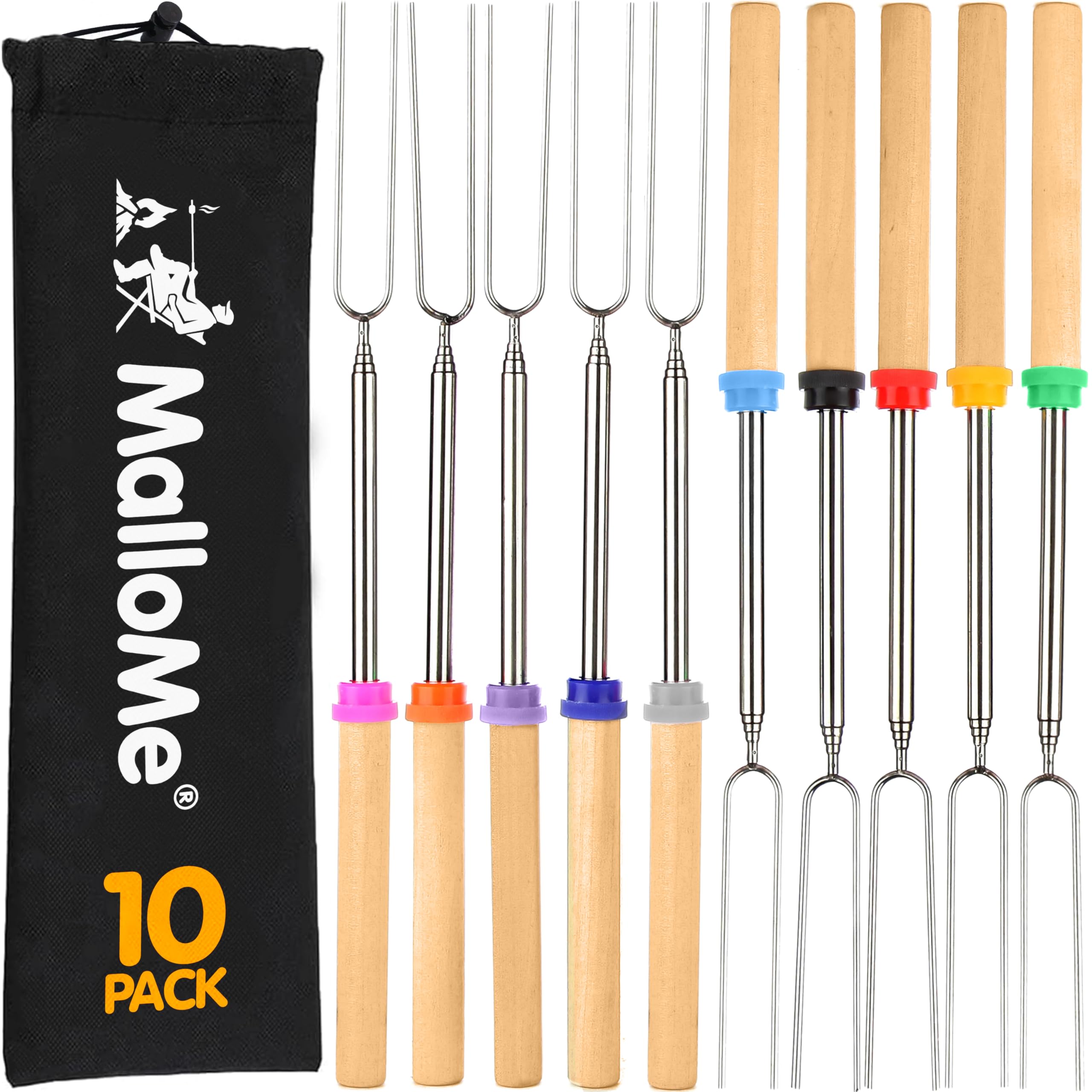 MalloMe Smores Sticks with 32-inch telescoping arm for safe campfire roasting.