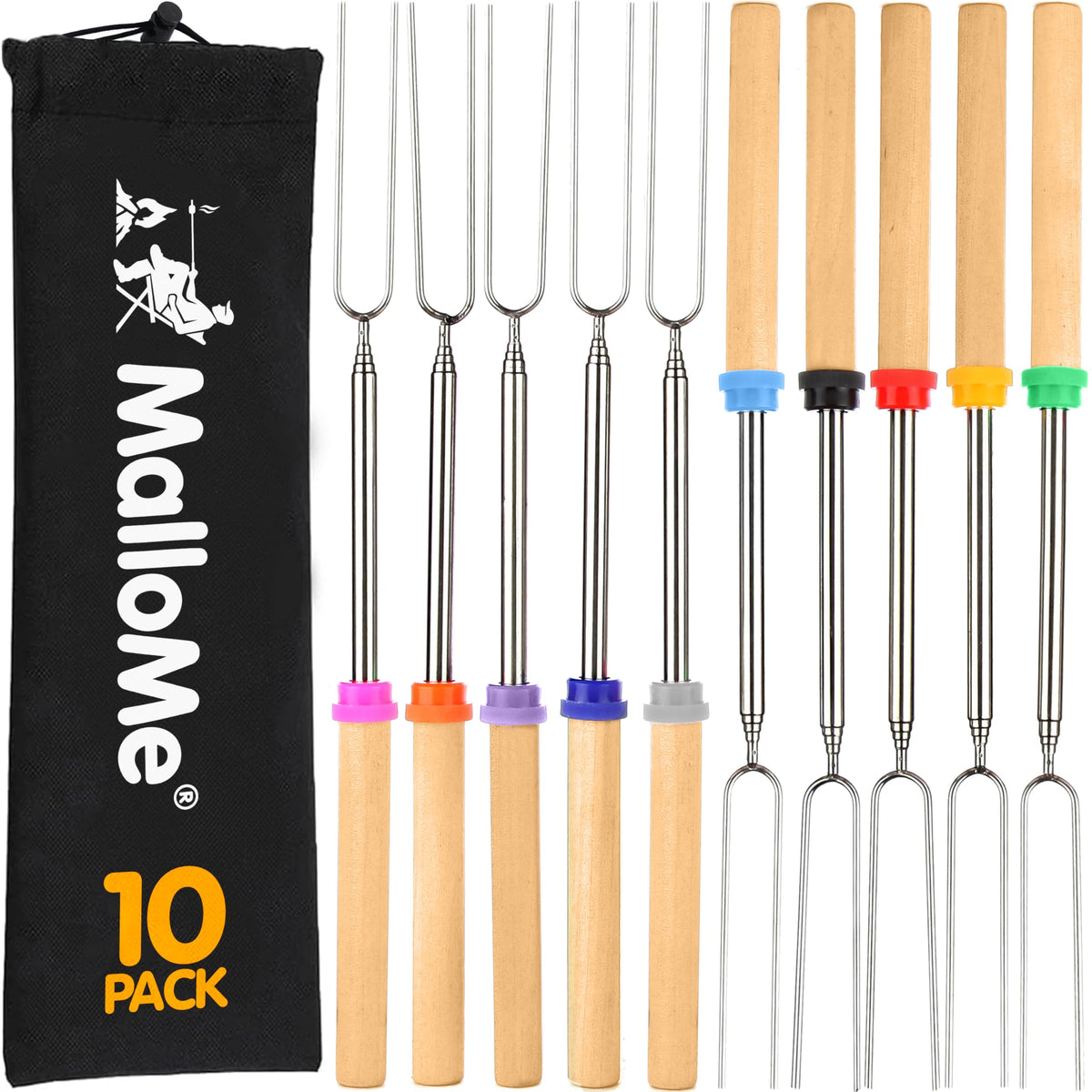 MalloMe Smores Sticks with 32-inch telescoping arm for safe campfire roasting.