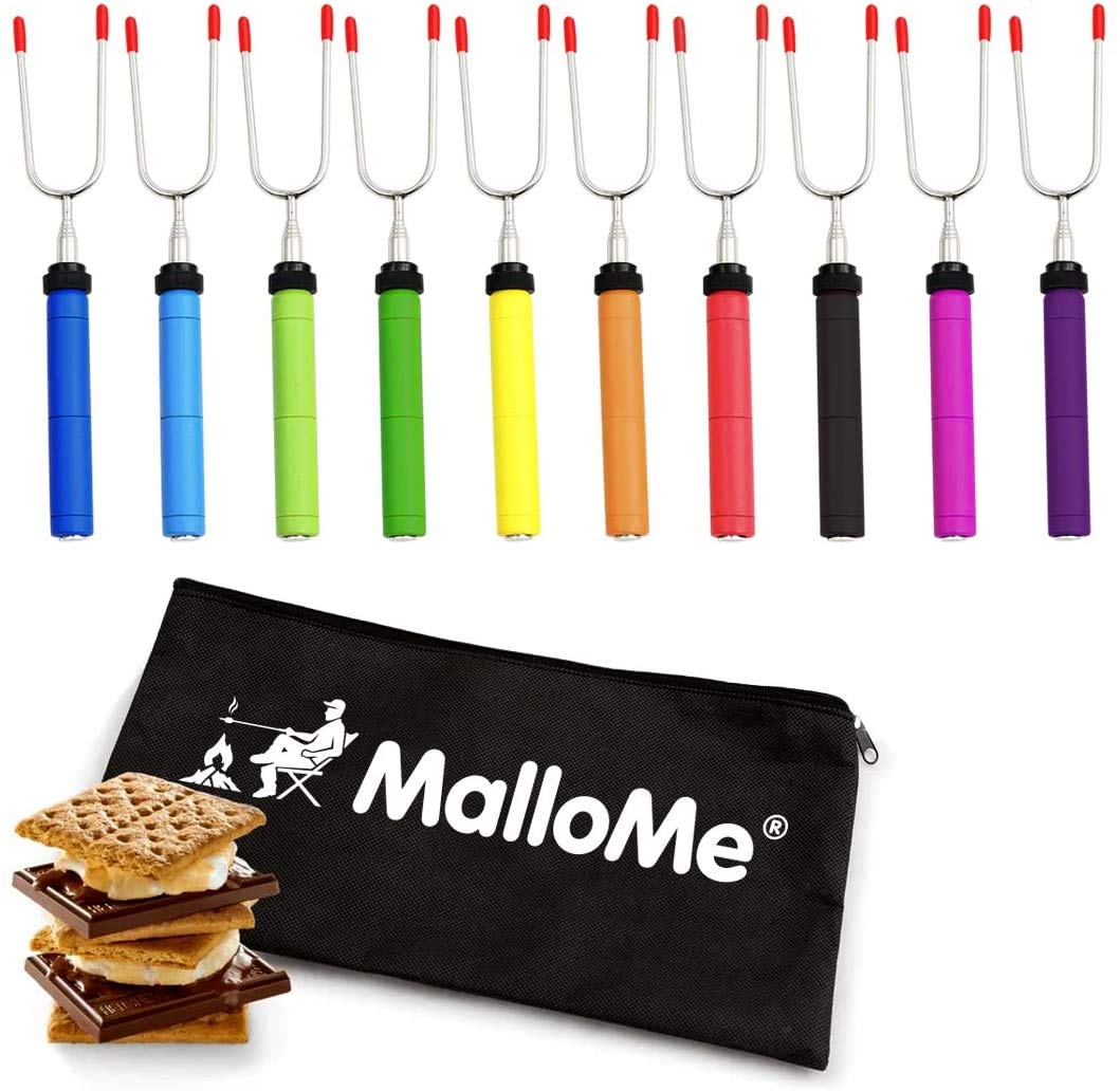 MalloMe Smores Sticks with rotating handle for controlled campfire toasting.