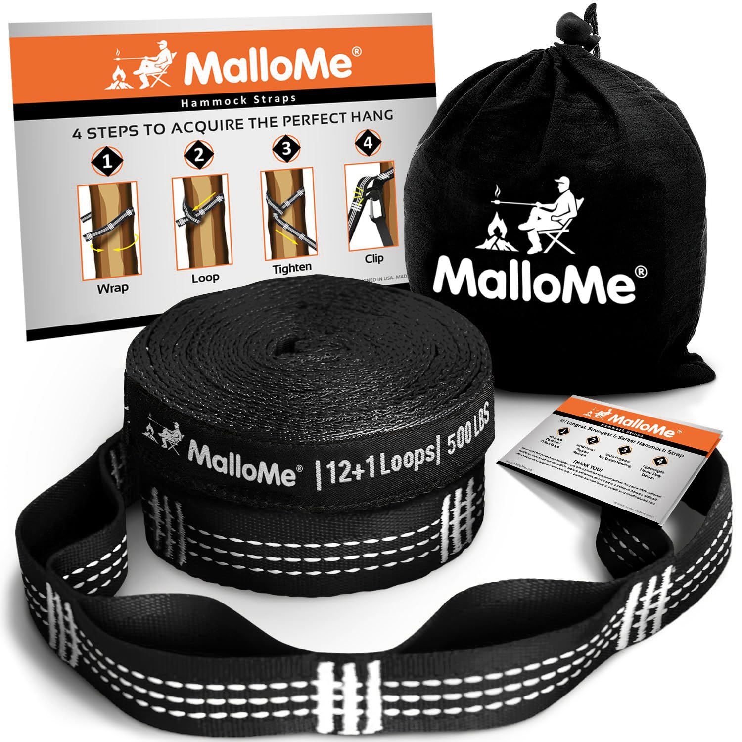 MalloMe XL hammock straps in black two-pack ready for quick secure setup.