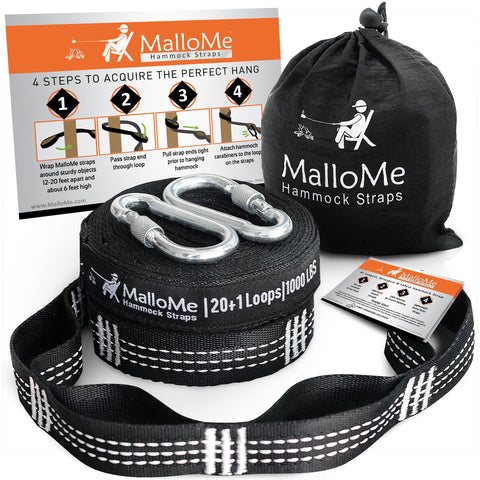 MalloMe XL hammock straps close-up with tree-friendly 1-inch webbing and triple-stitched seams.