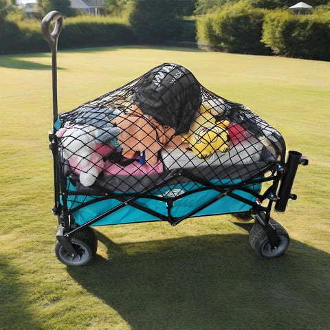 Mamiko cargo net secures beach cart loads against shifting sand.