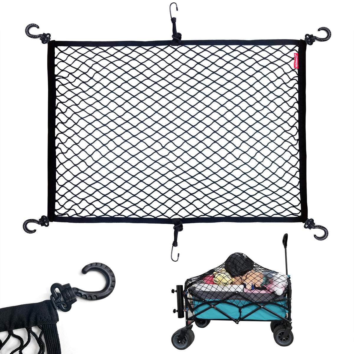 Mamiko cargo net on extendable folding wagon secures items during transport.