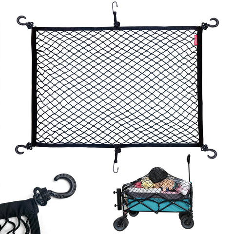 Mamiko cargo net on extendable folding wagon secures items during transport.