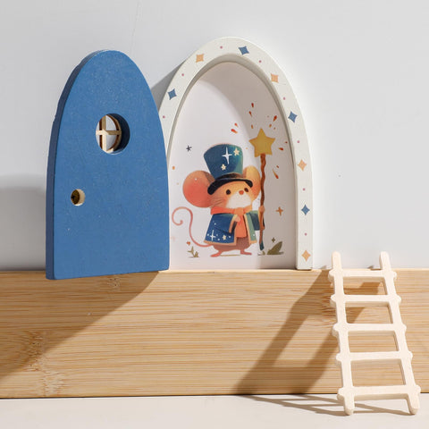 Blue Mamimami Home fairy door with ladder opens for tiny notes and gifts.