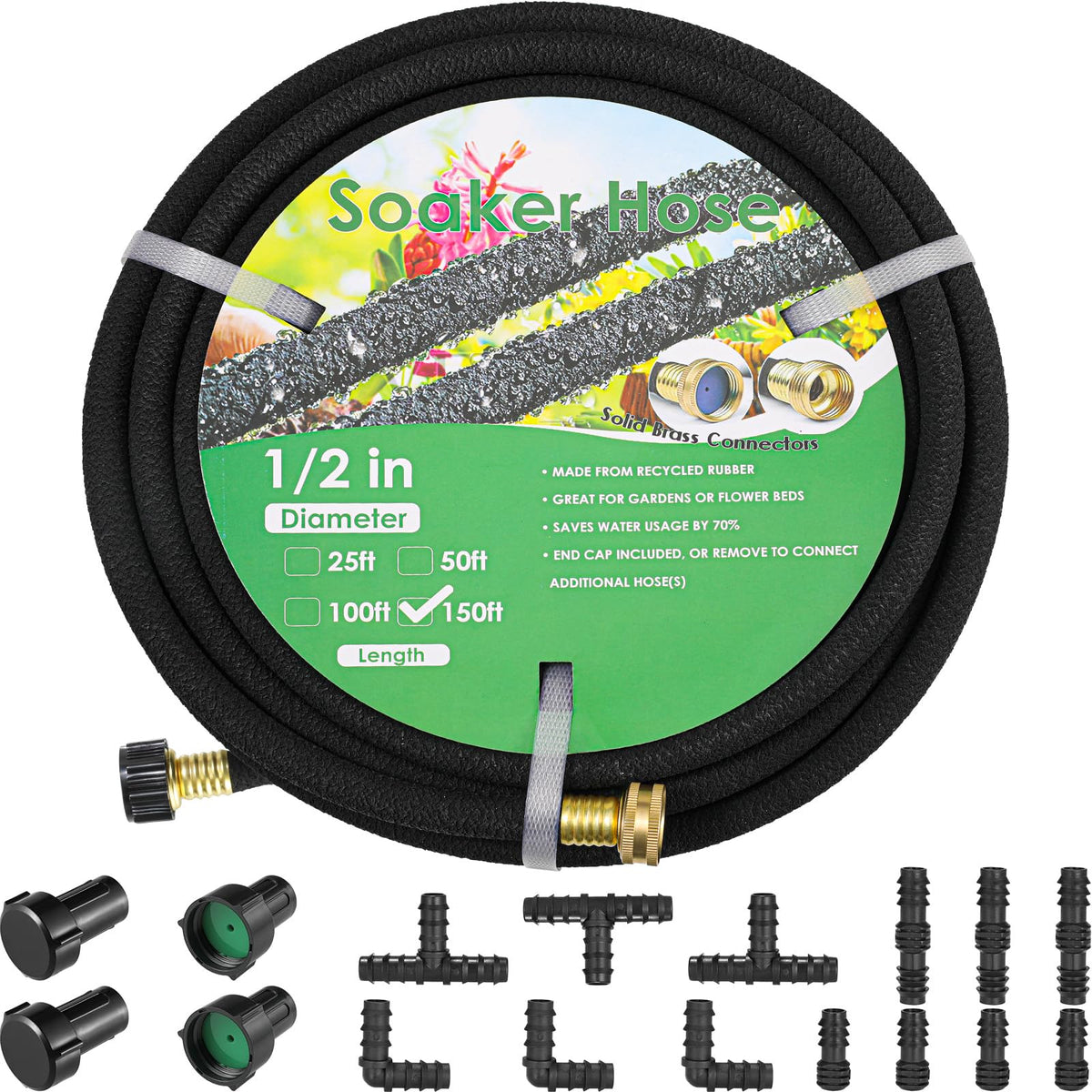 MAMIZO soaker hose 150ft roll for easy irrigation setup.