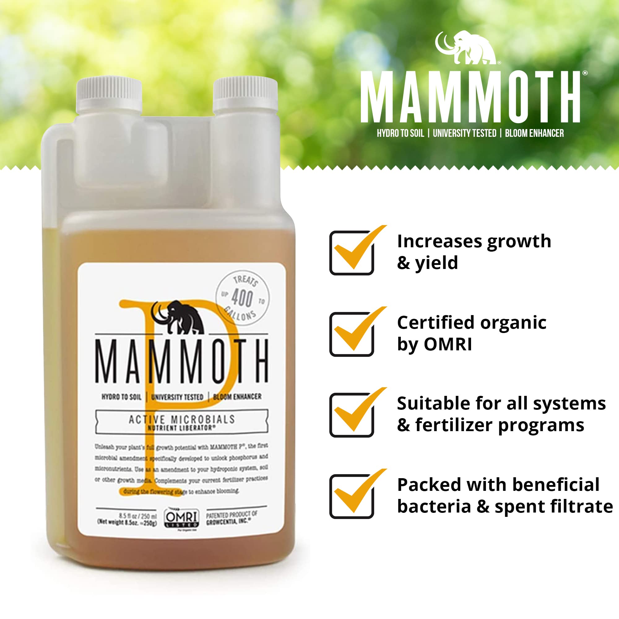 Mammoth Bloom Booster bottle side view demonstrates compatibility with multiple media