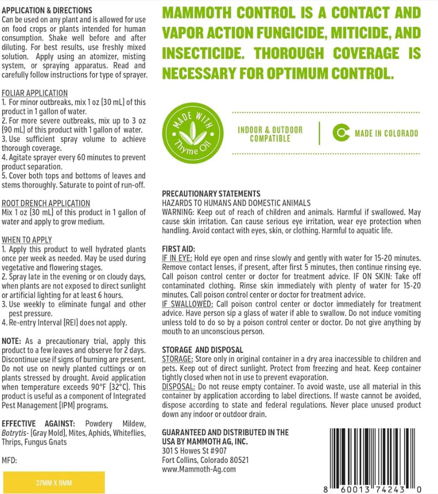 Label detail highlights thyme oil concentrate for integrated pest management
