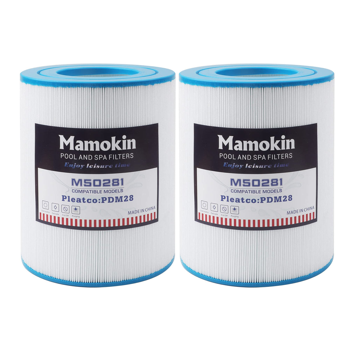 Mamokin PDM28 filter packaging shows two compatible spa cartridges for quick spa maintenance.