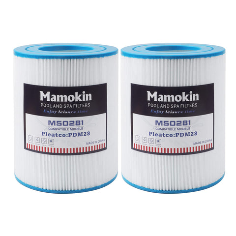 Mamokin PDM28 filter packaging shows two compatible spa cartridges for quick spa maintenance.