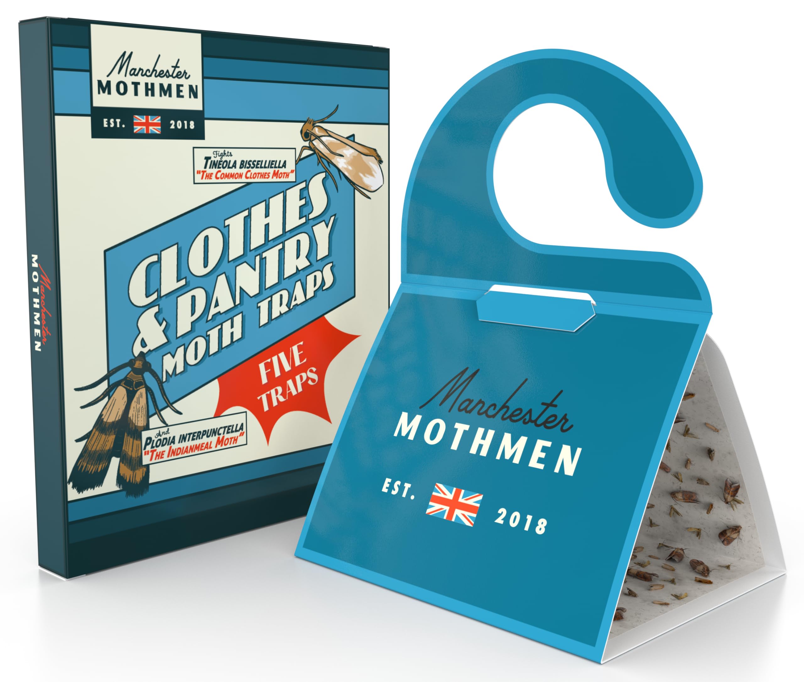 Manchester Mothmen 2-in-1 traps in a five-pack box ready for home use against clothes and pantry moths.