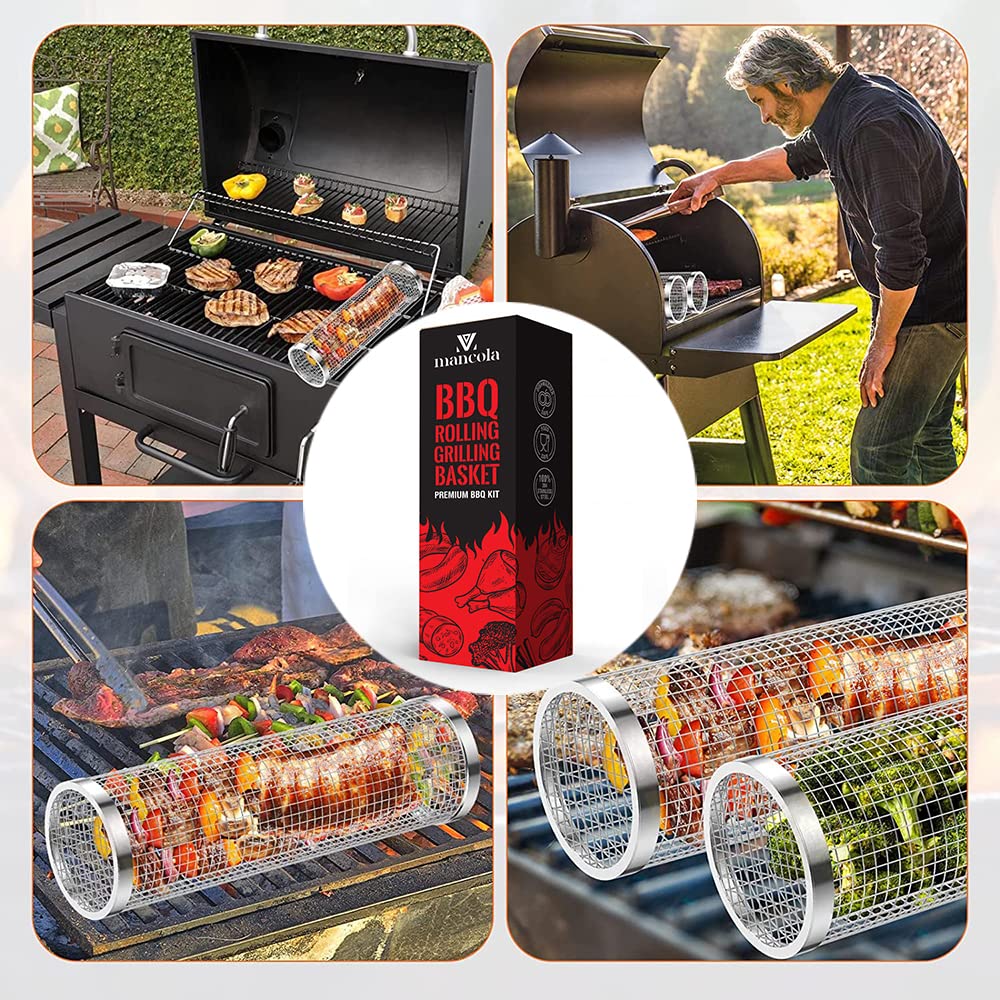 Mancola BBQ Net Tube Rolling Basket camping—ideal for picnics.